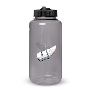 May include: A gray reusable water bottle with a black lid and a white graphic of a submarine with the text "omg im bao" on the side.