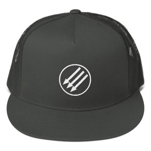 May include: A black and gray trucker hat with a white embroidered symbol of three arrows in a circle.