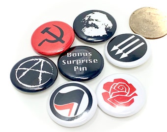 Leftist Pin Button pack  |  1", anarchy, antifascist, communism, Sickle Hammer, Marx, rose, red black, socialism, iron front antifa
