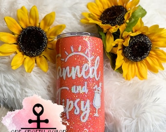 Tanned and Tipsy Glitter Tumbler: Skinny Can Cooler, Beach Day Drinkware