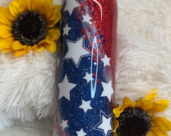 American Flag Glitter Tumbler: Red, White, and Blue Patriotic Stars