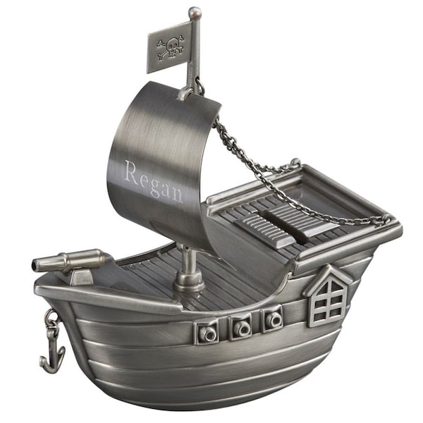Personalized Brushed Pewter Finish Pirate Ship Metal Bank Engraved Gift For Baby Children Kids Ring Bearer Coin Money Piggy Bank Keepsake