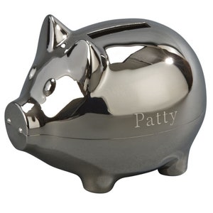 Personalized Small Polished Silver Finish Piggy Bank Engraved Gift For Baby Children Kids Ring Bearer Matte Coin Money Metal Bank Keepsake