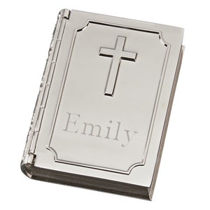 Personalized Silver Bible Book Shaped Keepsake Box with Cross Engraved Gift For Baby Shower Baptism Christening Communion