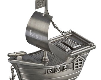 Personalized Brushed Pewter Finish Pirate Ship Metal Bank Engraved Gift For Baby Children Kids Ring Bearer Coin Money Piggy Bank Keepsake