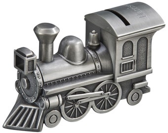 Personalized Brushed Pewter Finish Train Money Bank Engraved Gift For Baby Children Kids Ring Bearer Metal Coin Piggy Bank Steam Locomotive