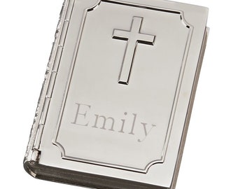 Personalized Silver Bible Book Shaped Keepsake Box with Cross Engraved Gift For Baby Shower Baptism Christening Communion