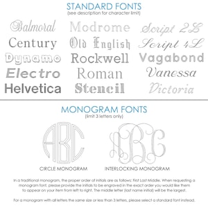 May include: A chart showing different font styles for standard text and monograms. The standard fonts include Balmoral, Century, Dynamo, Electro, Helvetica, Modrome, Old English, Rockwell, Roman, Stencil, Script 2L, Script 4L, Vagabond, Vanessa, and Victoria. The monogram fonts include a circle monogram and an interlocking monogram.