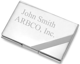 Personalized Polished Silver Business Card Case w/ Matte Stripe Engraved Groomsman Gift Executive Professional Christmas Gift Hinged Lid