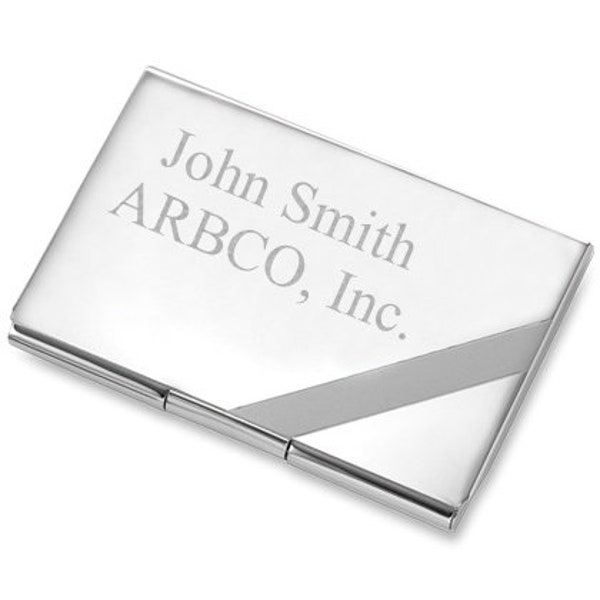 Personalized Polished Silver Business Card Case w/ Matte Stripe Engraved Groomsman Gift Executive Professional Christmas Gift Hinged Lid