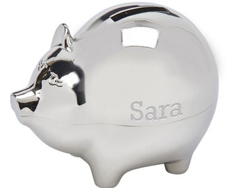 Personalized Large Polished Silver Finish Piggy Bank Engraved Gift For Baby Children Kids Ring Bearer Matte Coin Money Metal Bank Keepsake