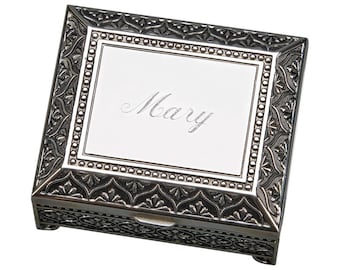 Personalized Small Antique Silver Finish Square Jewelry Box Engraved Bridesmaid Gift For Her Ring Necklace Holder Storage Custom Keepsake