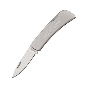 May include: A silver pocket knife with a stainless steel blade and the name "Matthew" engraved on the handle.