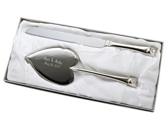 Personalized Silver Heart Shape Cake Server and Knife Set Engraved Gift Wedding Day Reception Accessory Bride Groom Cutting Ceremony