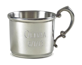 Personalized Genuine Pewter Traditional Baby Cup with Handle Engraved Gift For Baby Shower Newborn Parents Holds 6 Ounces