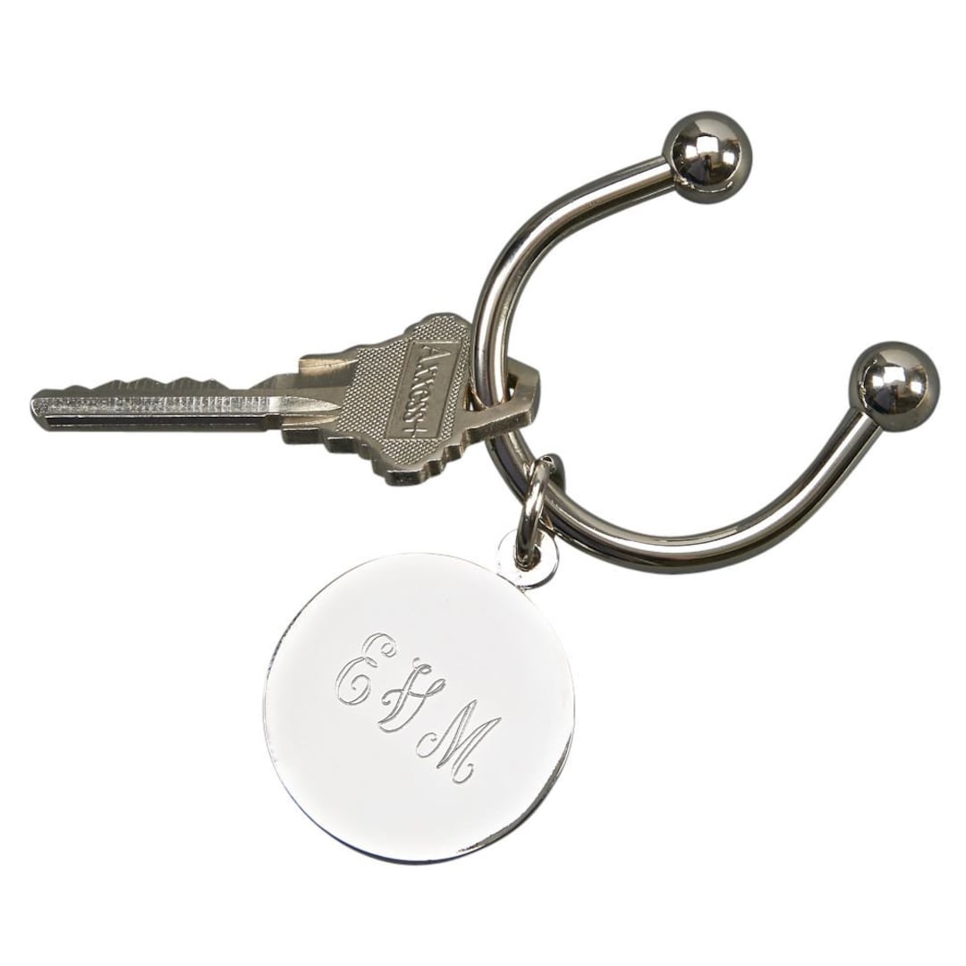 Personalized Silver Horseshoe Key Chain With Round Tag Engraved