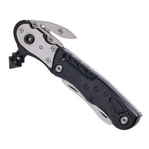 May include: A black and silver multi-tool with a window breaker, seatbelt cutter, and a knife blade.