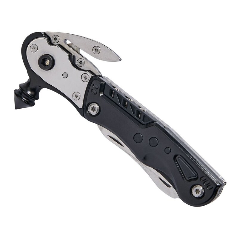 May include: A black and silver multi-tool with a window breaker, seatbelt cutter, and a knife blade.
