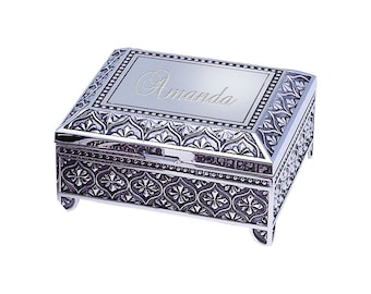 Personalized Antique Silver Finish Rectangular Jewelry Box Engraved Bridesmaid Gift For Her Ring Necklace Holder Storage Custom Keepsake