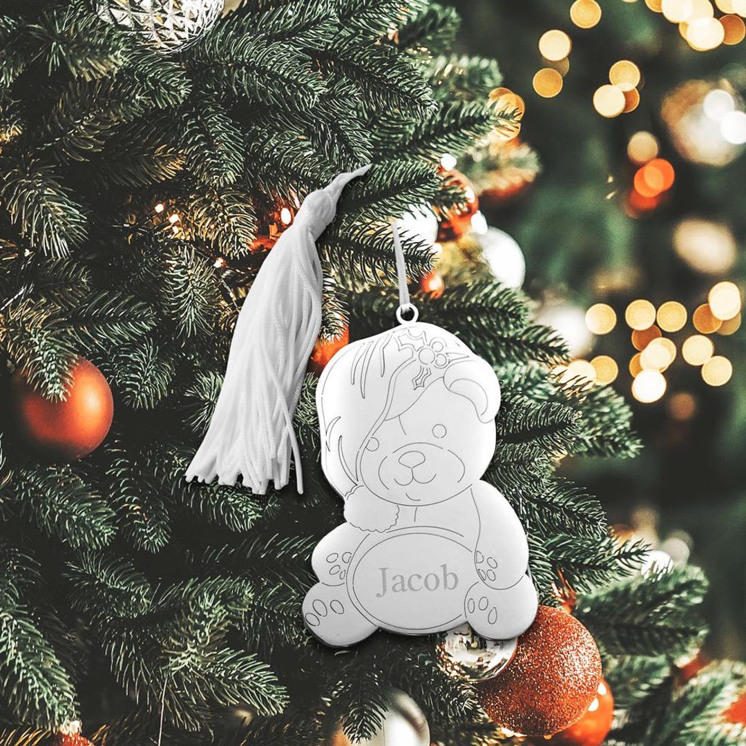 Personalized Silver Teddy Bear Christmas Tree Ornament With White