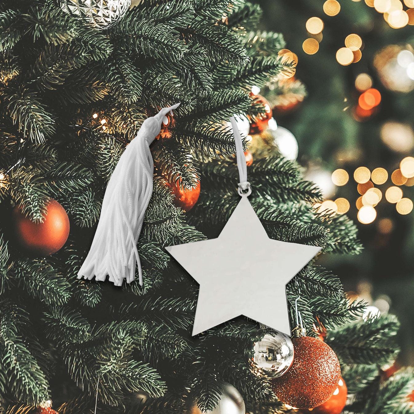 Personalized Silver Star Christmas Tree Ornament With White Tassel ...