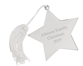 Personalized Silver Star Christmas Tree Ornament with White Tassel Engraved Holiday Gift For Family Parents Custom Decoration Keepsake