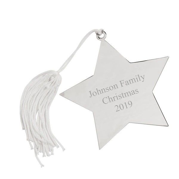Personalized Silver Star Christmas Tree Ornament with White Tassel Engraved Holiday Gift For Family Parents Custom Decoration Keepsake