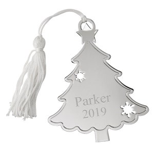 Personalized Silver Christmas Tree Holiday Ornament with Cutouts & White Tassel Engraved Gift For Family Parents Custom Decoration Keepsake