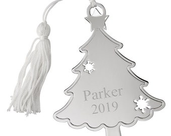 Personalized Silver Christmas Tree Holiday Ornament with Cutouts & White Tassel Engraved Gift For Family Parents Custom Decoration Keepsake