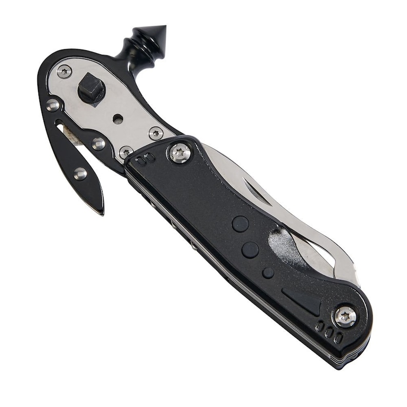 May include: A black multi-tool with a silver blade and a pointed tip. The tool has a built-in seatbelt cutter and window breaker.