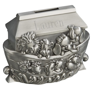 Personalized Brushed Pewter Finish Noah&#39;s Ark Bank with Animals Engraved Gift Baby Children Kids Ring Bearer Matte Coin Money Metal Keepsake