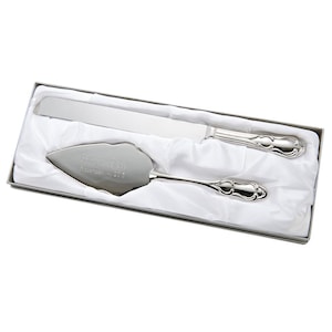Personalized Silver Fiddle Shape Handle Cake Server and Knife Set Engraved Gift Wedding Day Reception Accessory Bride Groom Cutting Ceremony