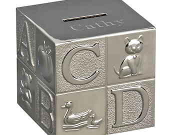 Personalized Polished Silver Finish ABC Block Money Bank Engraved Gift For Baby Children Kids Ring Bearer Metal Coin Piggy Bank Alphabet