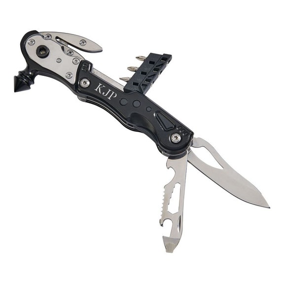 Personalized Black 8 Function Glass Breaker Car Emergency Multi Tool Engraved Gift Pocket Knife Screwdriver Seat Belt Cutter LED Light
