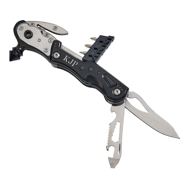 May include: Black multi-tool with a silver blade, a hammer, a bottle opener, a screwdriver, and a seatbelt cutter. The tool has the initials "KJP" engraved on the handle.