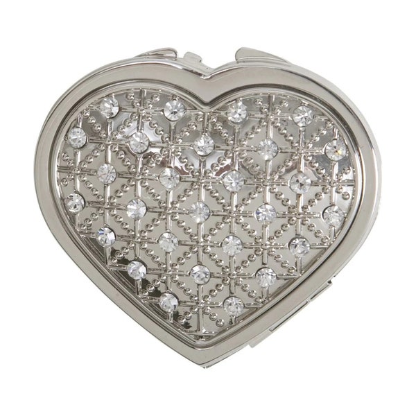 Personalized Heart Compact Mirror with Crystals Engraved Bridesmaid Gift For Women Her Pocket Purse Silver Magnifying Face Makeup Mirror