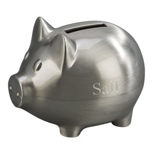 Personalized Small Brushed Pewter Finish Piggy Bank Engraved Gift For Baby Children Kids Ring Bearer Matte Coin Money Metal Bank Keepsake
