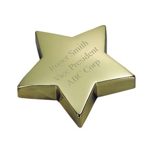 Personalized Gold Star Paperweight Engraved Executive Gift Brass Plated Desk Top Accessory Award Keepsake