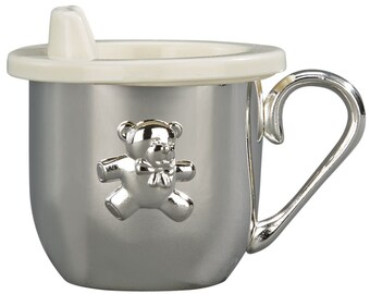 Personalized Silver Teddy Bear Baby Cup with Sippy Lid Engraved Gift For Baby Shower Newborn Parents Keepsake