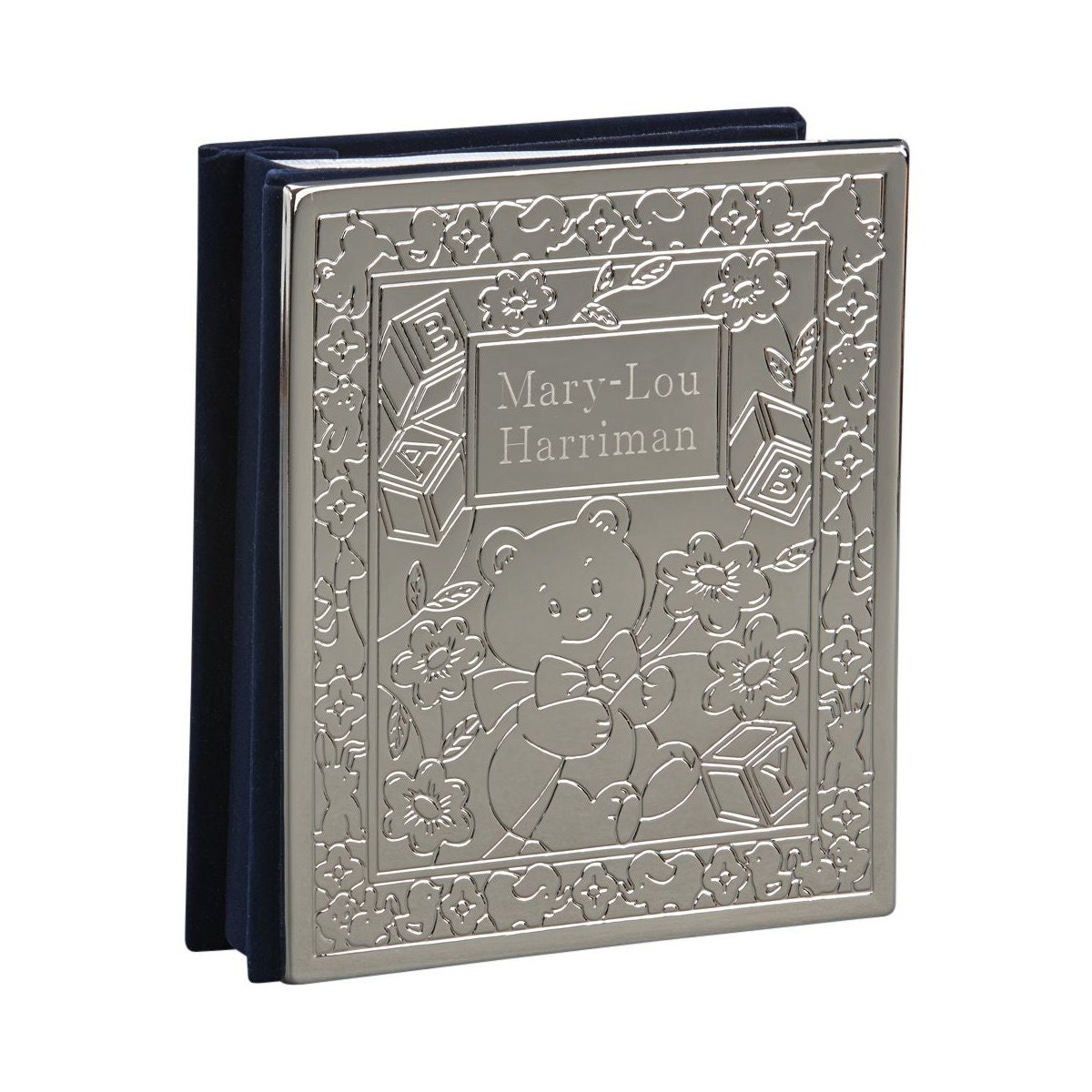 Personalized Silver Polished Baby Theme Photo Album with Teddy Bear (Holds 100 4" x 6" Pictures) Engraved Gift For Baby Shower
