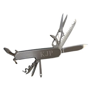 Personalized 9 Function Multi Tool Pocket Knife Engraved Groomsmen Gift For Him Brushed Silver Corkscrew Bottle Opener Screwdriver Saw File