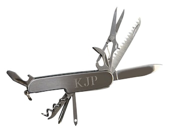Personalized 9 Function Multi Tool Pocket Knife Engraved Groomsmen Gift For Him Brushed Silver Corkscrew Bottle Opener Screwdriver Saw File