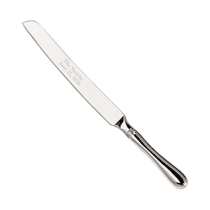 May include: Silver cake knife with a serrated edge and a rounded handle. The knife is engraved with "The Smiths June 24, 2020".
