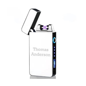 Personalized Silver Flameless Dual Arc Electric Lighter USB Rechargeable Windproof Engraved Groomsmen Gift For Him Slim Compact Flip Top