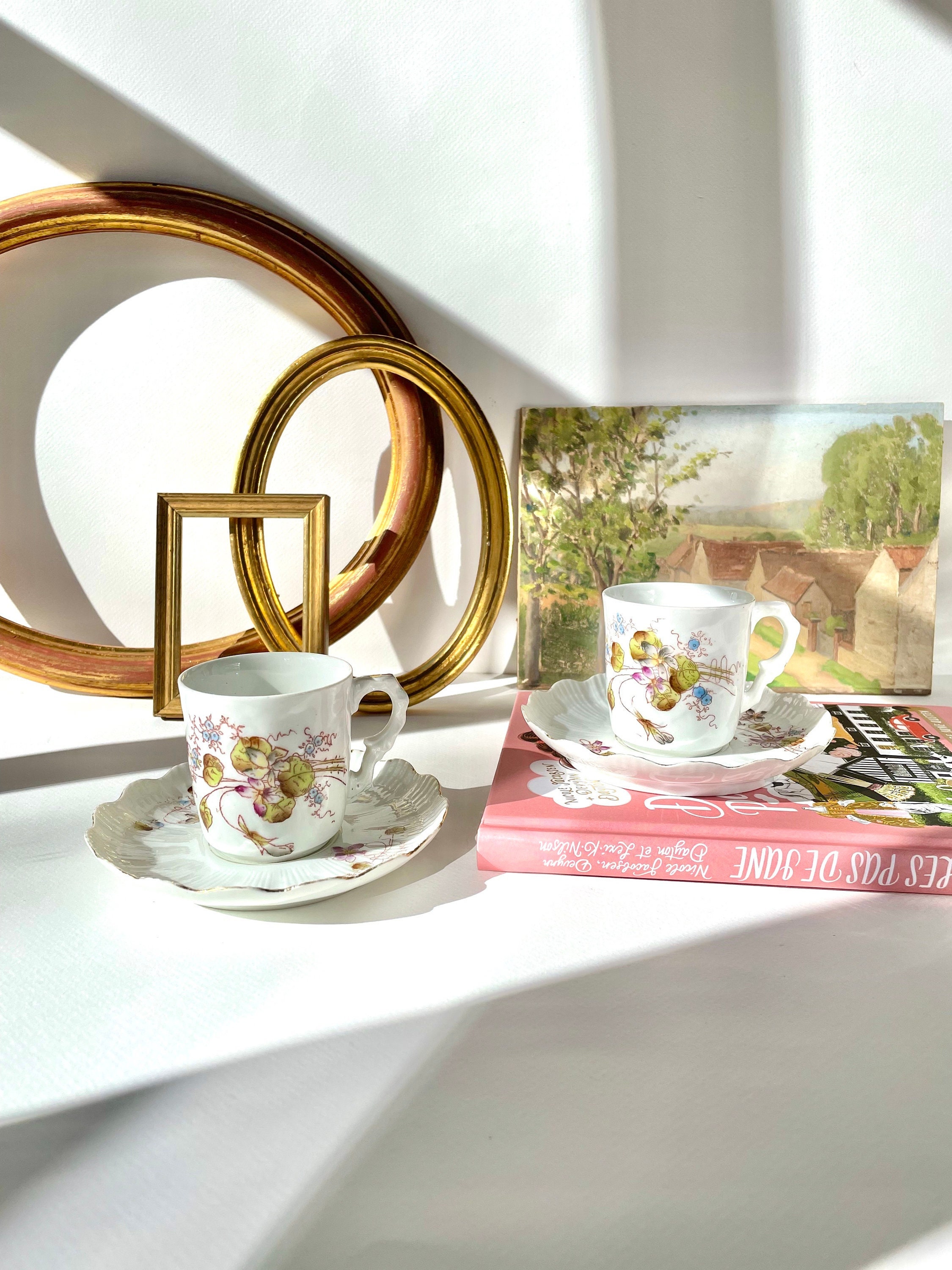 Tasses + Soucoupes en Porcelaine | Manufacture Mr Limoges Fabriqué France | Milieu Xxe Siècle