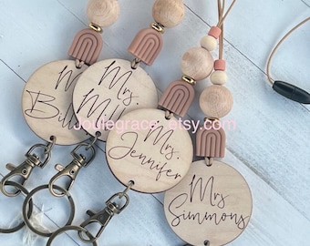 Teacher lanyard with name, with badge holder, wood lanyard