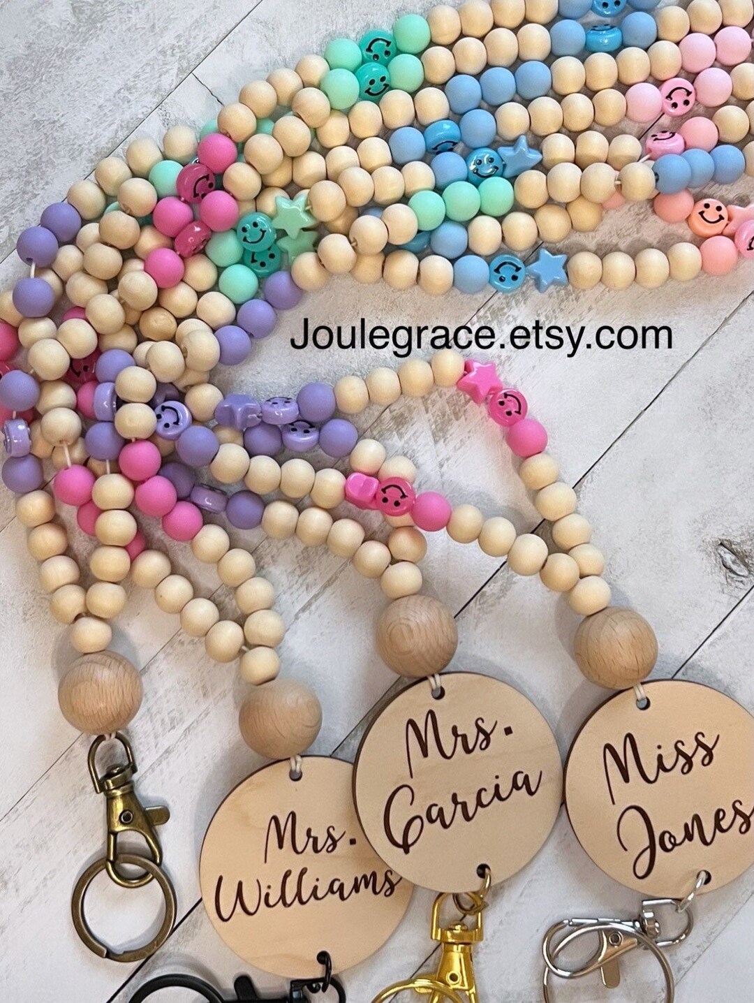 Wooden Beaded Lanyard With Name Tag With Id Badge Holder Etsy