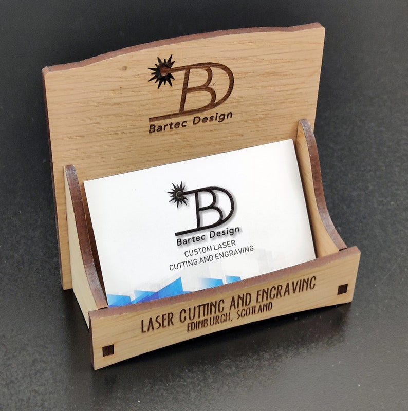 Customized business card holder. Laser engraved, Different materials Veneered MDF OAK