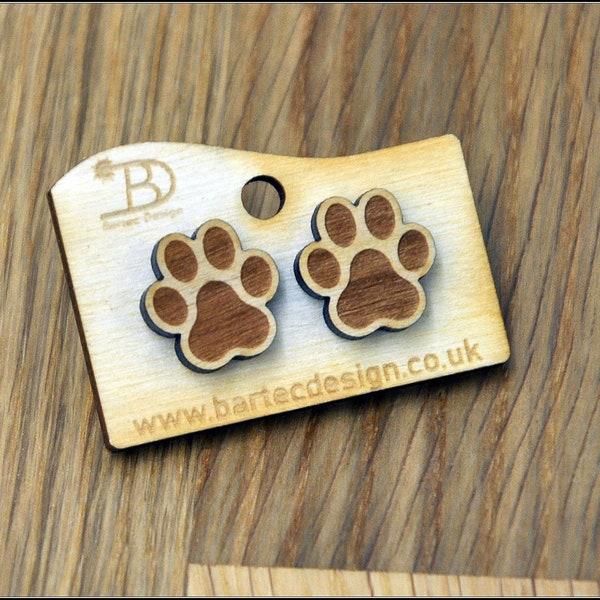 Wooden Earrings Studs - 15mm - Dogs PAW - REAL WOOD