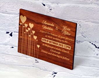 Wooden Wedding Invitation - Heart Balloons - Fully Custom - Real wood veneer. Beautiful wedding invites, Laser Cut and engraved